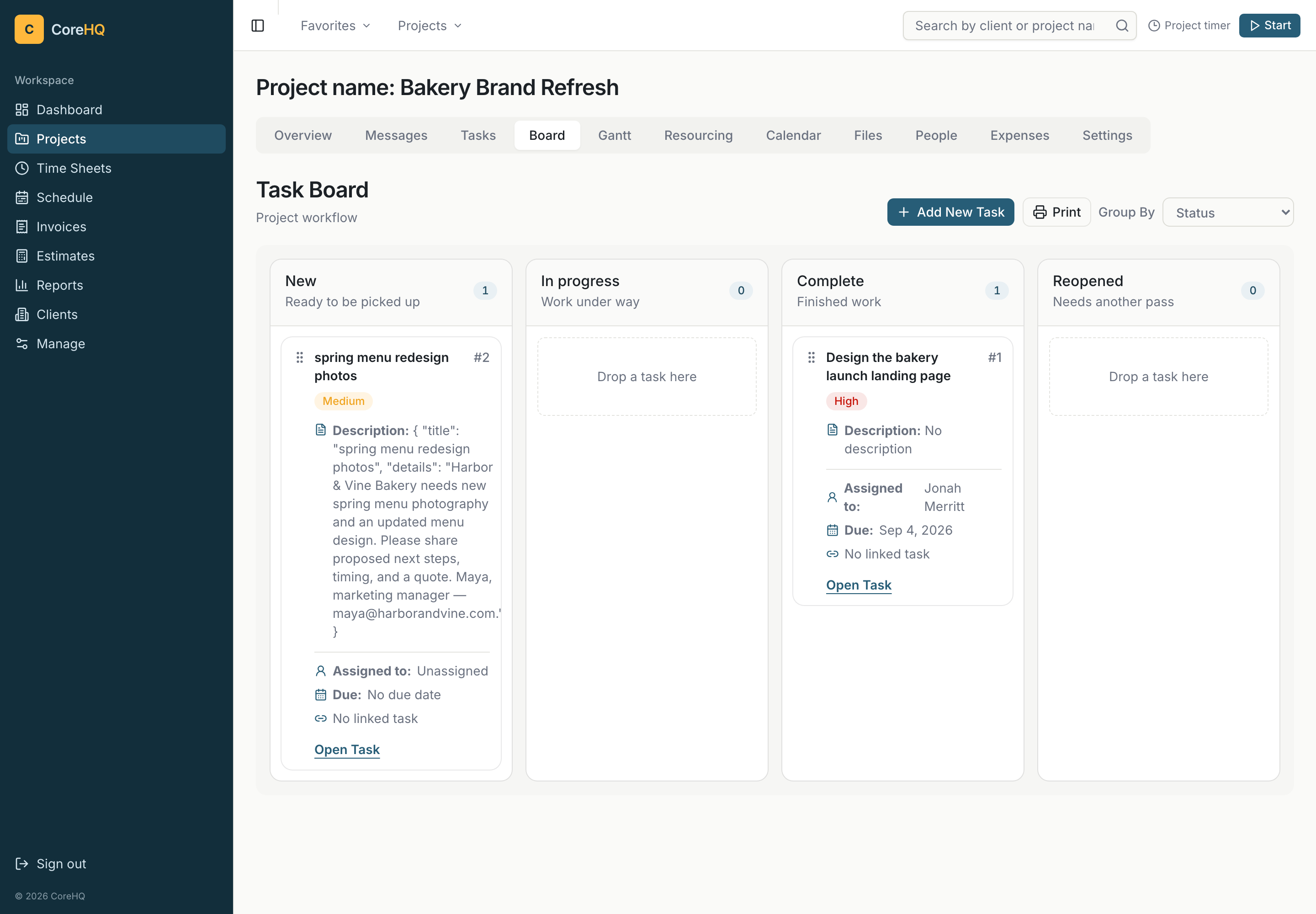 Bakery project board with delivery tasks organized by status