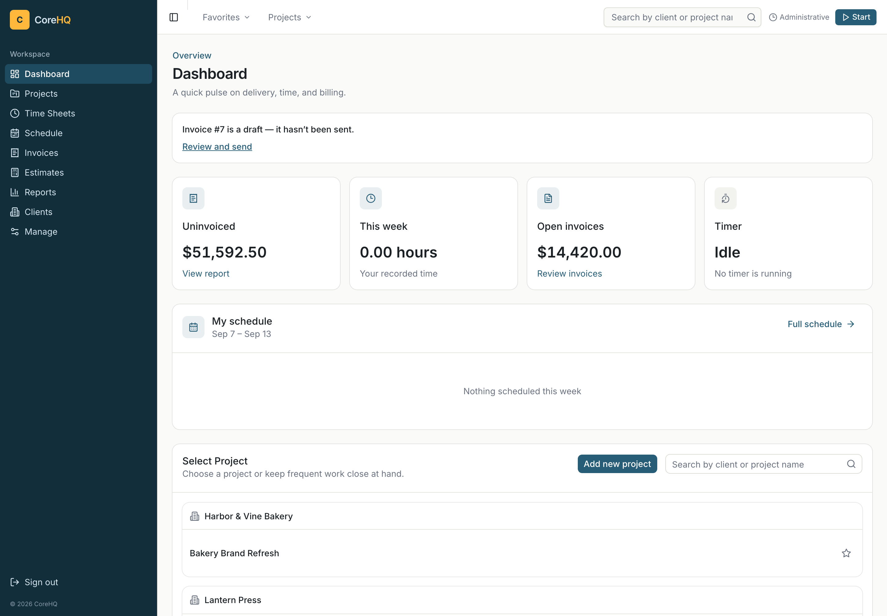 CoreHQ demo dashboard showing agency time, invoices, and project activity