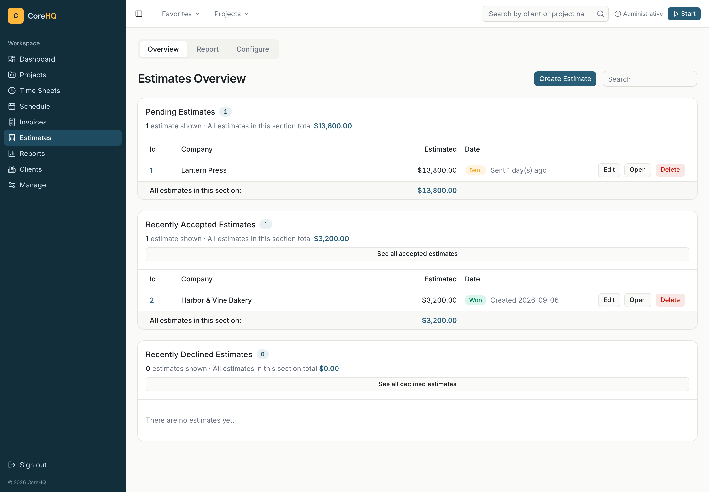 Estimates list showing proposals and client decision statuses