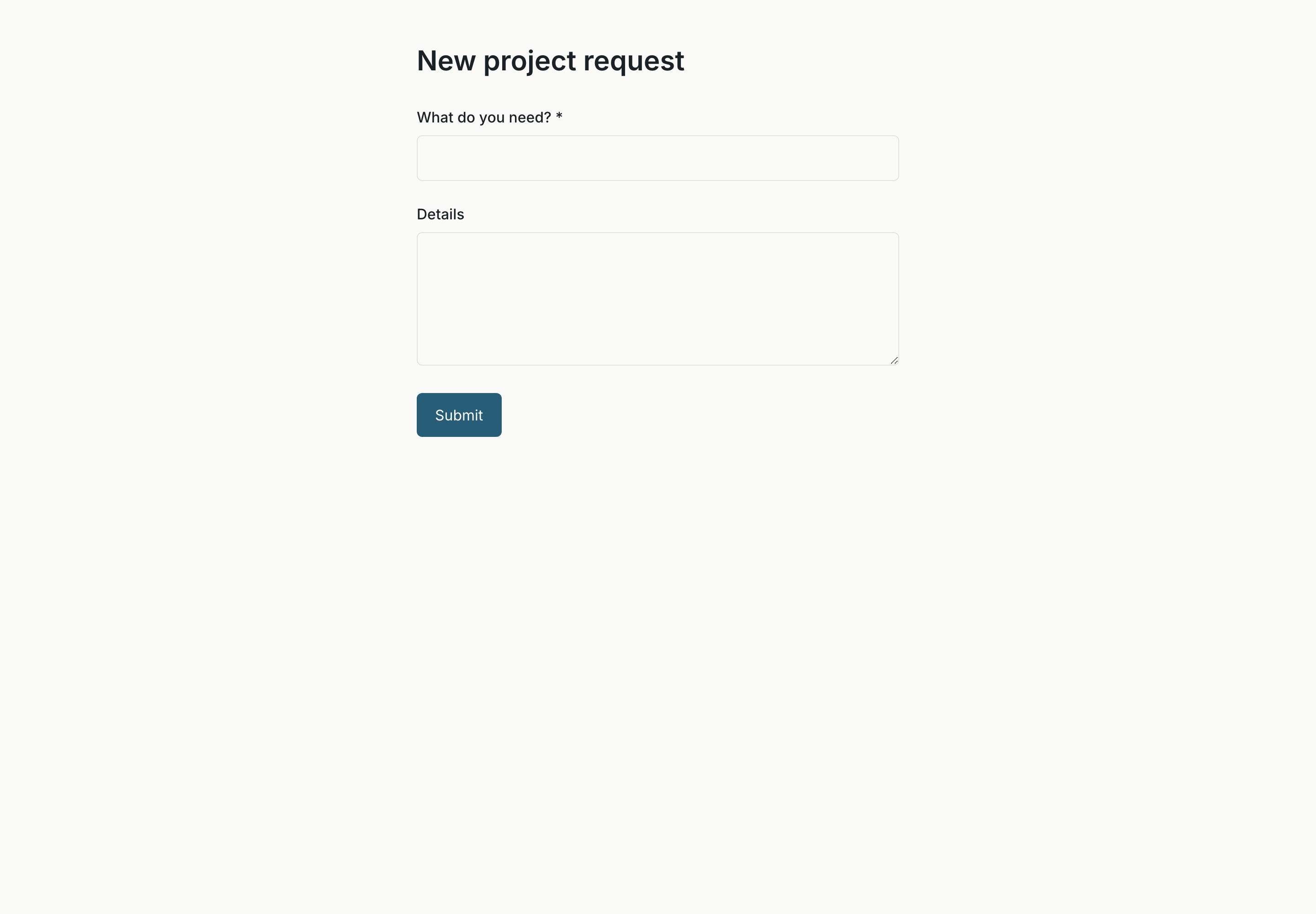 Public project request form with request details and submission controls