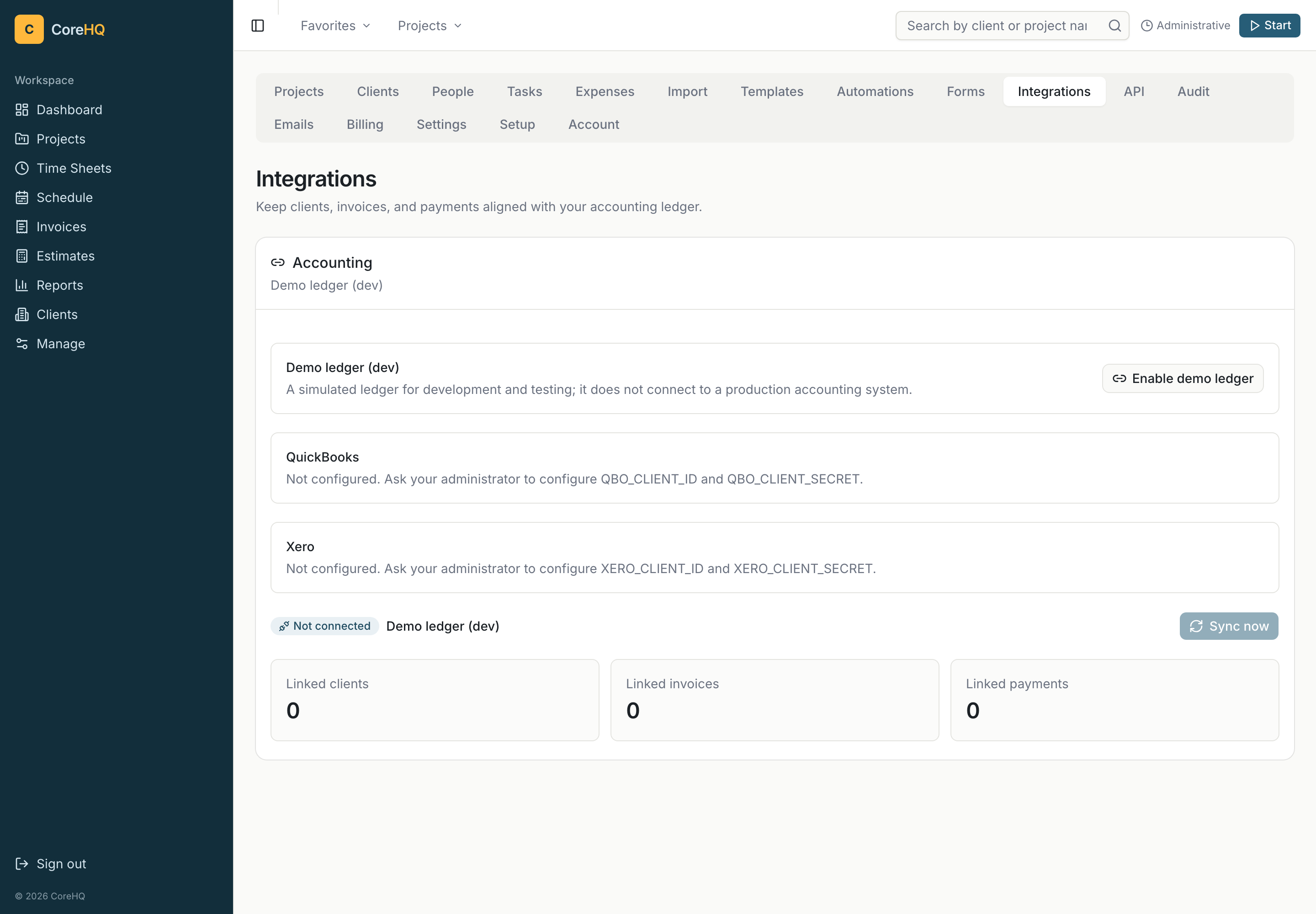 CoreHQ integrations settings showing accounting and connection options