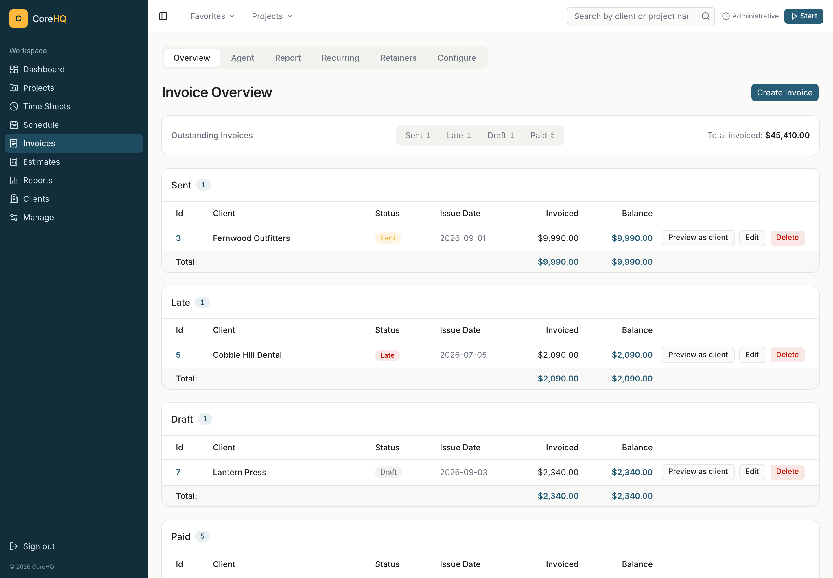 CoreHQ invoices list with payment statuses and balances