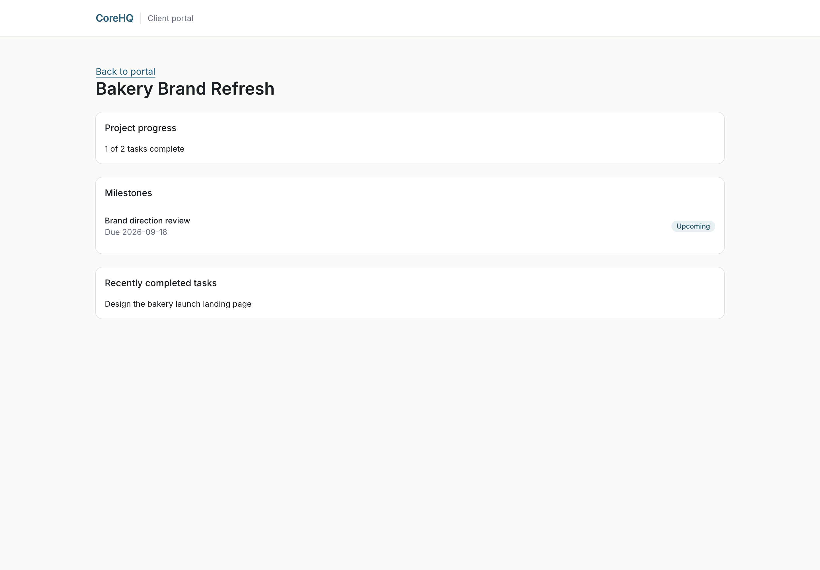 Bakery client portal showing project progress, milestones, and completed tasks