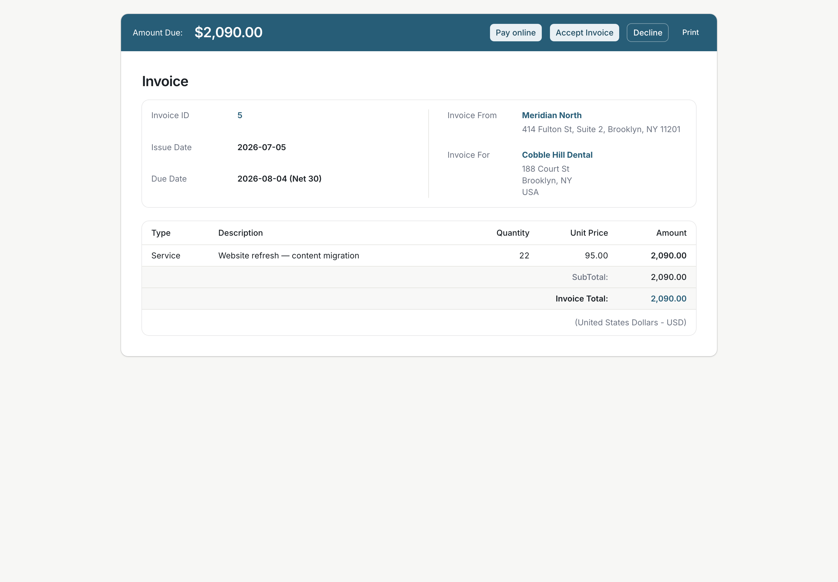 Public invoice page with line items, amount due, and payment controls