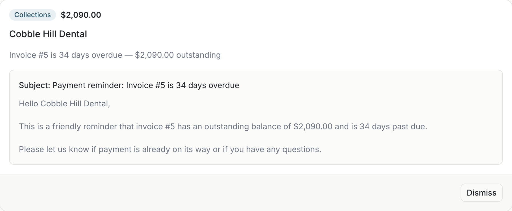 Billing inbox with overdue invoice collection reminders