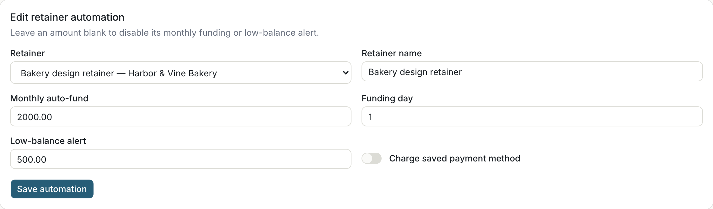 Retainer automation controls for monthly funding and low-balance alerts