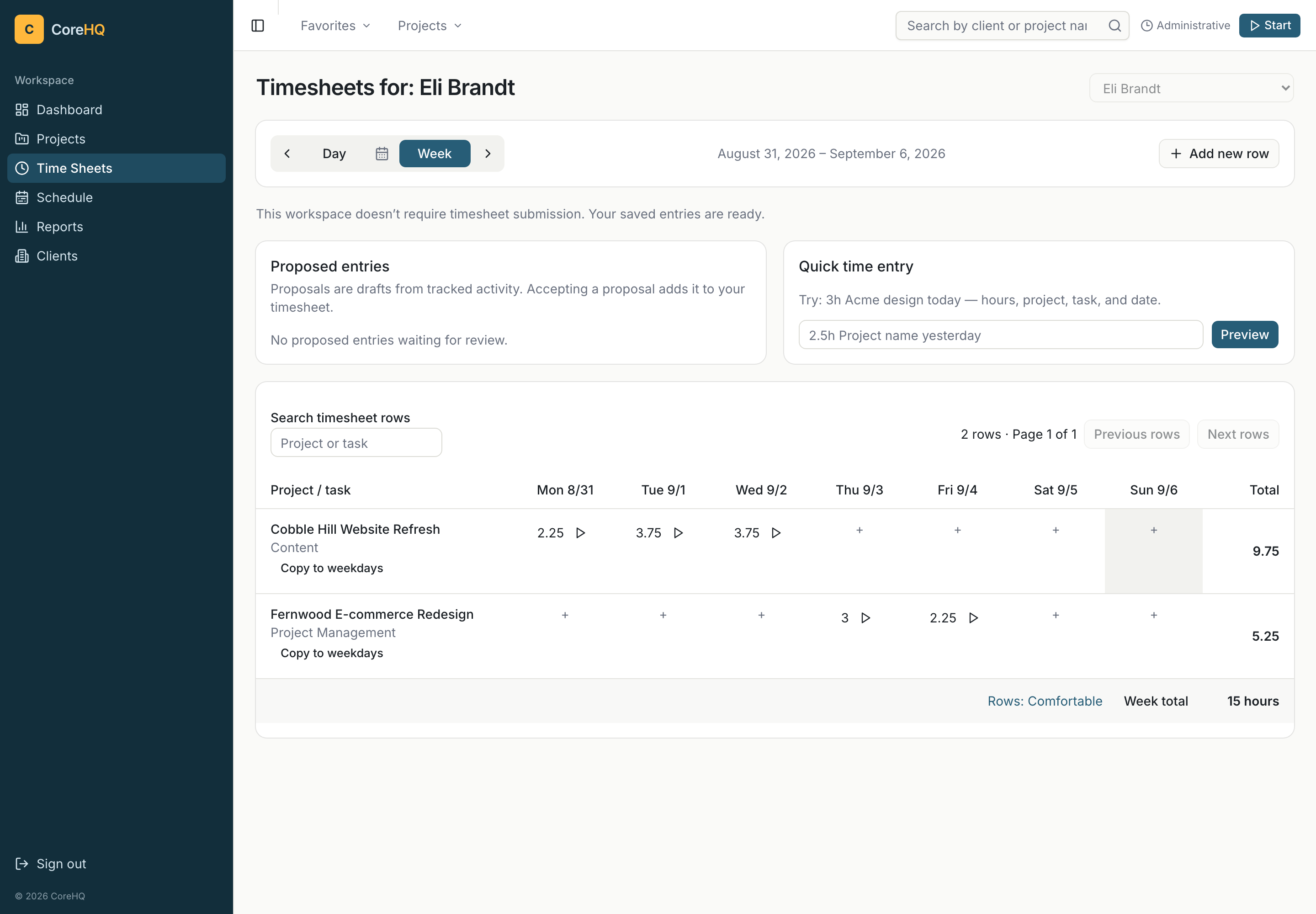 Weekly CoreHQ timesheet with project rows and inline time cells